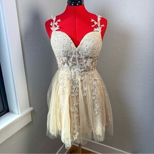 Lavetir Champagne Lace Tulle Fairy Appliqué Homecoming Prom Dress Size 9